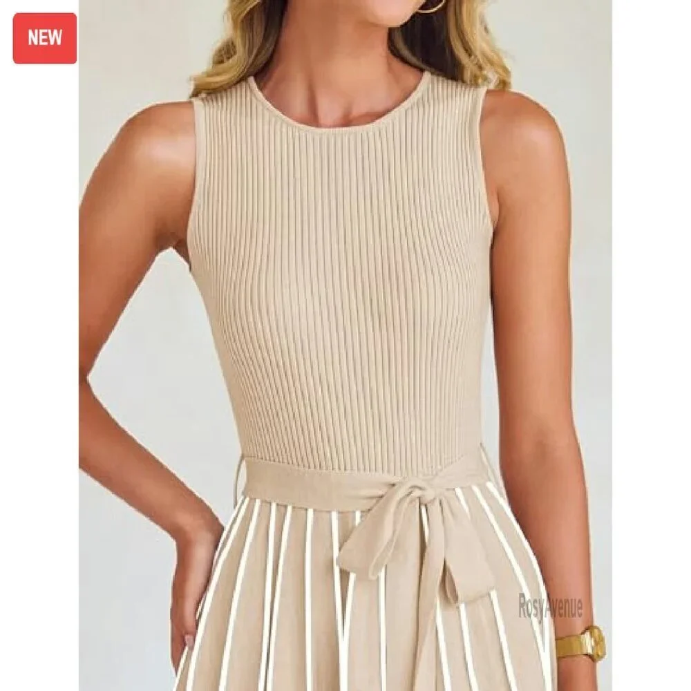 Sleeveless Maxi Dress Ribbed Knit Tie Waist A-Line Summer Casual